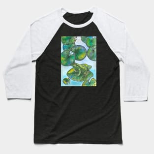 Frog on leaf and blue lake Baseball T-Shirt